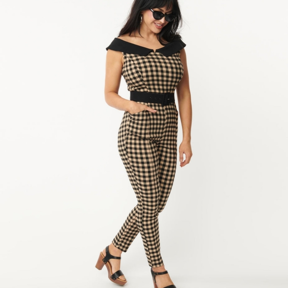 Unique Vintage Black and Tan Gingham Jumpsuit - Picture 3 of 8